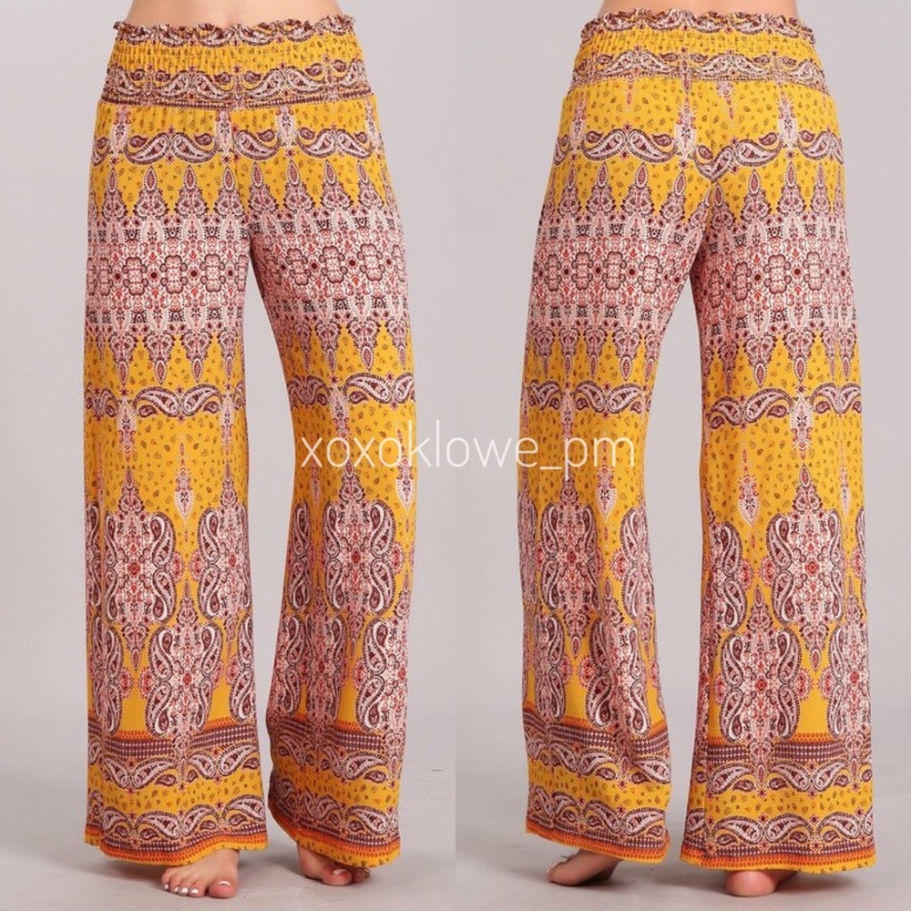 Golden Yellow Boho Print Wide Leg Palazzo Pants